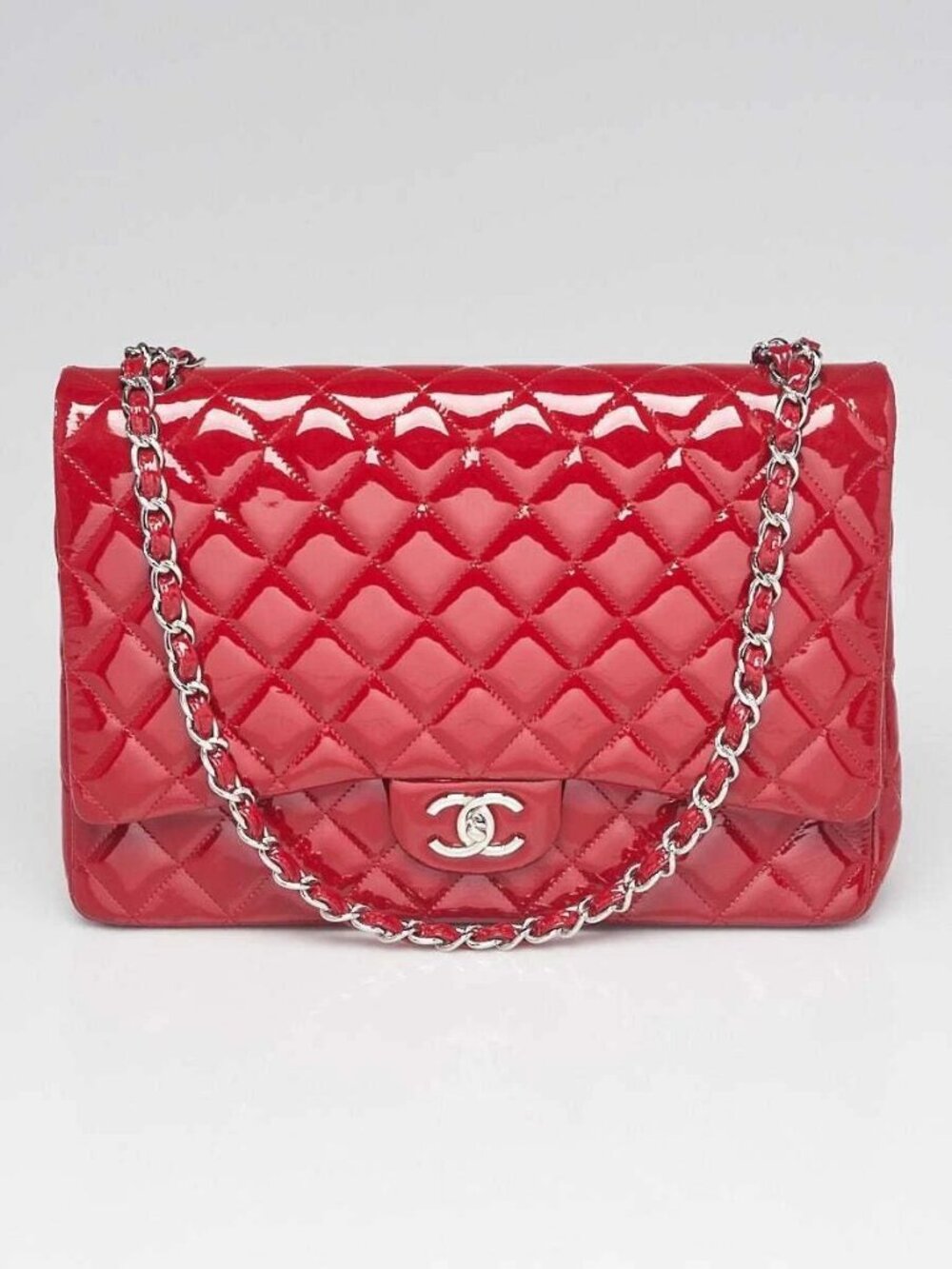Chanel Red Quilted Patent Leather Classic Maxi Single Flap Bag